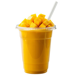 Mango smoothie with straw in a plastic cup garnished with mango cubes isolated on transparent background clipart