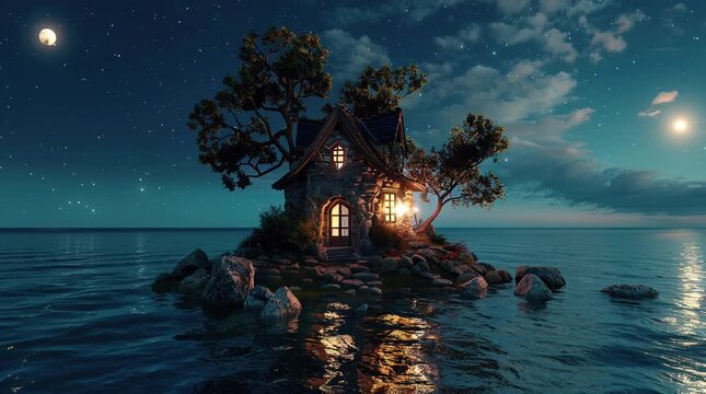 Glowing house isolated on a serene island surrounded by a quiet ocean at night, creating a tranquil and magical scene with the house Seamless looping 4k time-lapse virtual video animation Generated AI