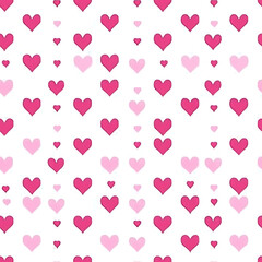 A seamless pattern featuring small pink hearts on a white background. Ideal for Valentine's Day designs, romantic themes, and cute backgrounds