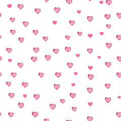 A seamless pattern featuring small pink hearts on a white background. Ideal for Valentine's Day designs, romantic themes, and cute backgrounds