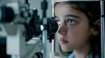 World Sight Day. A girl at an ophthalmologist's appointment. Child undergoing an eye test. Problems of blindness and visual impairment, prevention of eye diseases. Eyesight check. Oftalmology Day