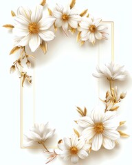 Elegant floral frame with white flowers and golden accents perfect for invitations, greeting cards, and decorative designs.