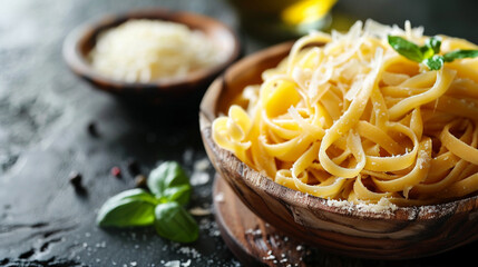 Pasta in wood dish on black background.