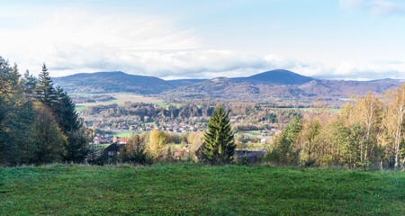 Hradek village with Moravskoslezske Beskydy mountains on the background in Czech republic