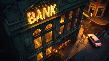 Obraz premium A bank building with a neon sign that says 