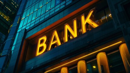 A bank building with a neon sign that says "bank" on it