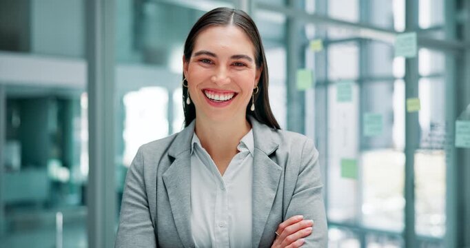 Corporate, human resources and face of woman with smile for startup, happiness and confidence. Office, job and portrait of employee with arms crossed for career, company pride and recruitment
