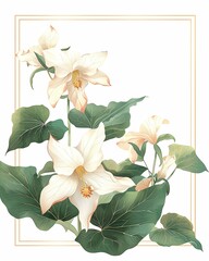 Obraz premium Elegant floral illustration featuring white flowers and green leaves on a white background, perfect for stationery or wall art.