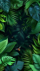a rainforest canopy depicts colorful insects swarming amidst lush greenery, showcasing the vibrant and diverse life thriving in the dense foliage.