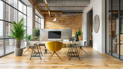 Fototapeta premium Modern office space with a computer on the desk.