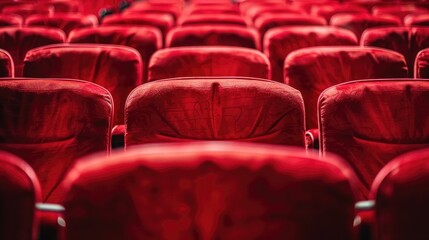 Obraz premium Empty red seats in auditorium with a stage rehearsal version