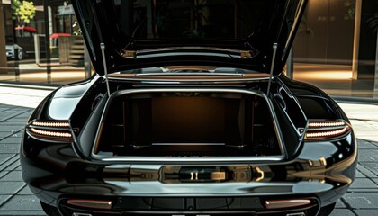 Obraz premium Open clean trunk of retro car back view, Rear view old car with open trunk, headlight, bumper