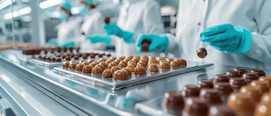 Obraz premium Precision in Action: Workers Ensuring Quality at a Chocolate Factory |