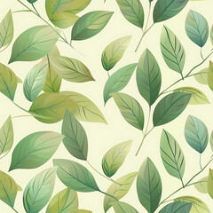 Fototapeta premium A seamless pattern featuring pastel light green leaves on a soft background. Perfect for nature-inspired designs, wallpapers, and textile prints
