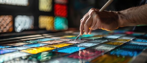 Master Craftsman Creating Intricate Stained Glass Windows in - Artisan at Work with Decorative Glass Artistry