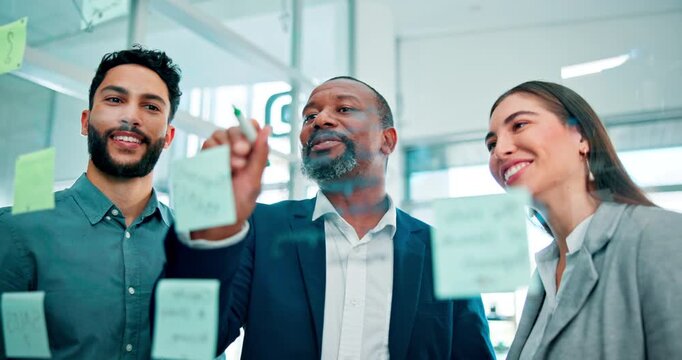 Workshop, brainstorming and business people at glass wall with smile, creative or collaboration at startup. Problem solving, happy woman and professional men with discussion, office planning or ideas