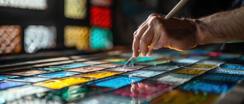 Master Craftsman Creating Intricate Stained Glass Windows in - Artisan at Work with Decorative Glass Artistry