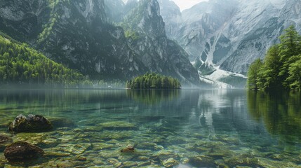 A crystal-clear alpine lake surrounded by towering mountains.