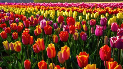 Obraz premium A field of tulips in various colors, stretching into the distance.
