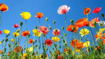 Fototapeta premium A field of colorful poppies under a bright blue sky.