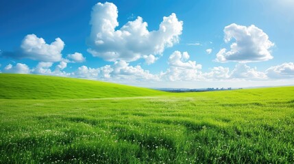 Obraz premium A large field of green grass with a few clouds in the sky