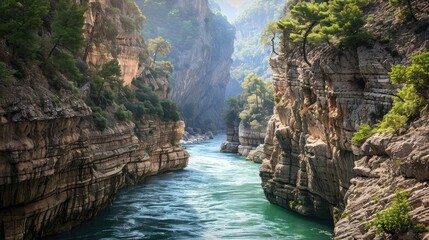 A river flowing through a deep mountain gorge with steep cliffs.