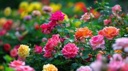 A rose garden in full bloom with a variety of colors