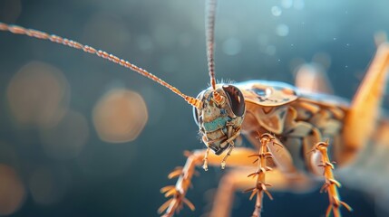 A close-up of a cockroach, showcasing its intricate exoskeleton.