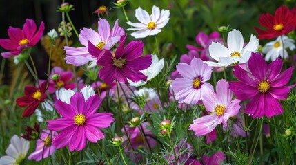 Fototapeta premium Beautiful cosmos flowers in shades of pink and white in a garden.