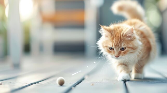 A Persian cat chases a laser pointer dot across the floor.