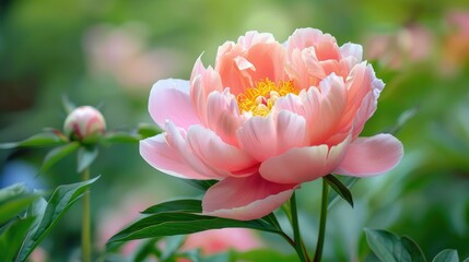 Obraz premium Close-up of a pink peony with soft, layered petals in a garden.