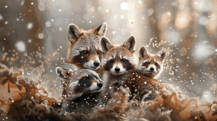 Forest animals huddled together amidst the chaos of a fire.