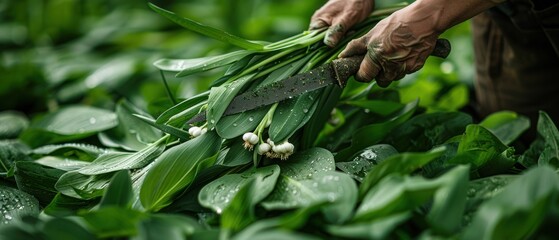 Skilled Forager Harvesting Wild Garlic with Precision Knife Technique