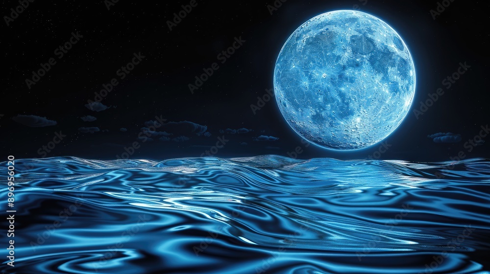 Wall mural a large blue moon is floating in the dark blue water