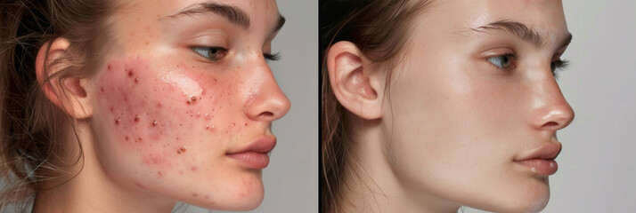 Acne treatment before and after, woman affected and healthy skin closeup, black dots, blackheads