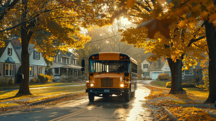 Obraz premium A school bus rides in the early fall morning sunshine down a cozy street with cottages, green lawns and beautiful trees with yellow foliage