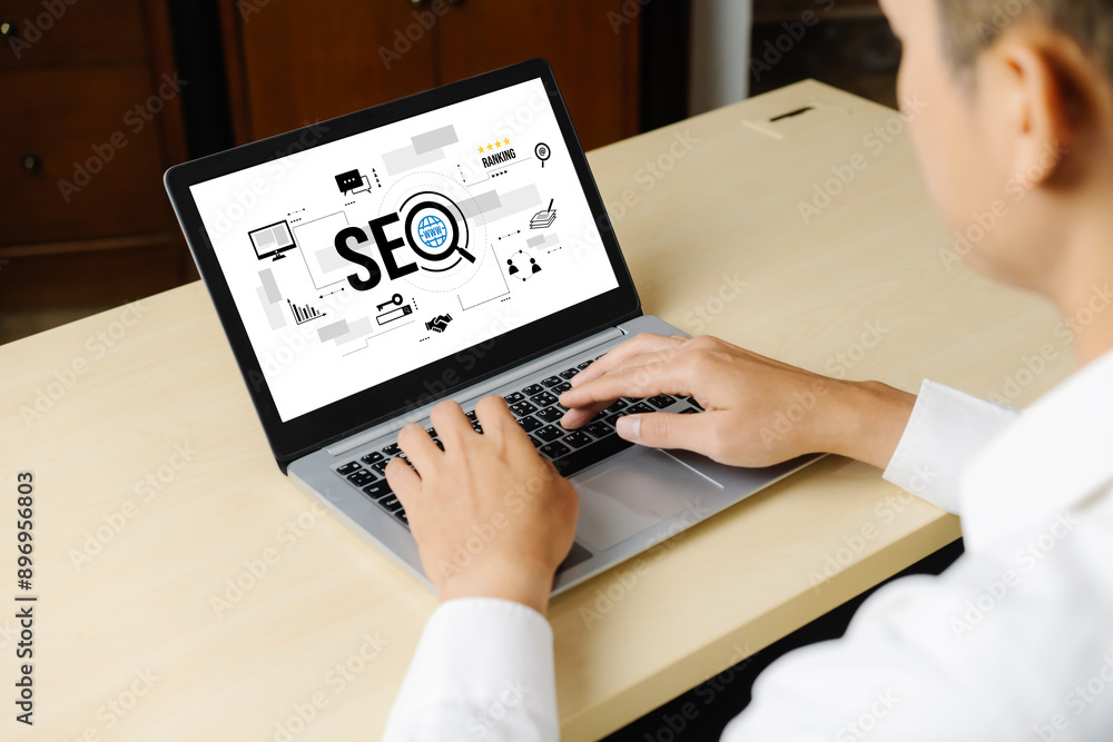 Aufkleber seo search engine optimization for modish e-commerce and online retail business showing on computer 