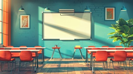 Empty classroom with chairs and whiteboard. Perfect for education, learning, or back-to-school themes.