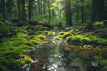A serene stream flows through a lush green forest. This image is ideal for promoting nature, tranquility, and the beauty of the natural world.