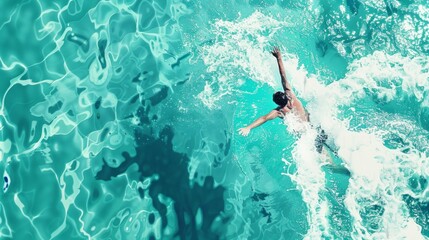 reate an image of a swimmer diving into a pool, with the water just starting to splash around them. The background should be a solid turquoise, representing the water. 