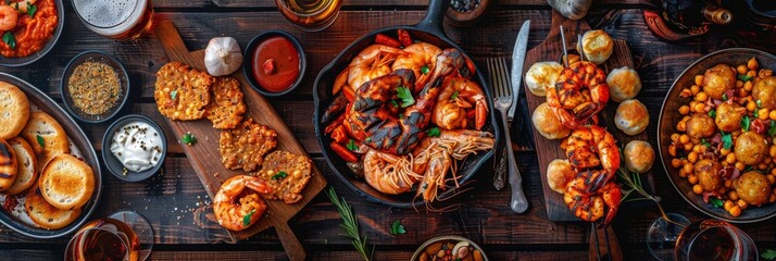 Fototapeta premium Hot Beer Snacks Set, Wine Snack Collection, Antipasti Buffet of Grilled Prawns, Chicken Wings Barbecue