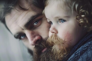 Father is bonding with his baby daughter by holding her close to his face