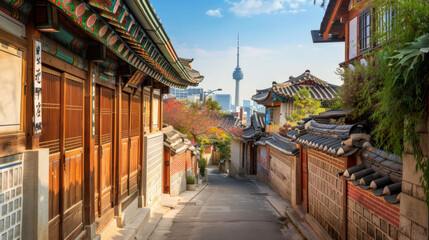 Fototapeta premium Seoul's Bukchon Hanok Village is a charming street lined with centuries-old Korean homes. The Seoul Tower stands tall on Namsan Mountain, against the bright blue sky.