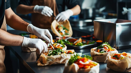 Cooks wearing gloves preparing fresh vegetable wraps in a commercial kitchen. The wraps are filled with vegetables like lettuce, carrots, and onions.
