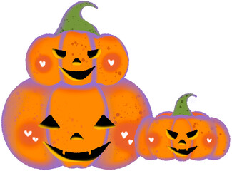 Halloween concept is halloween pumpkins piled up together, with a small pumpkin next to them.