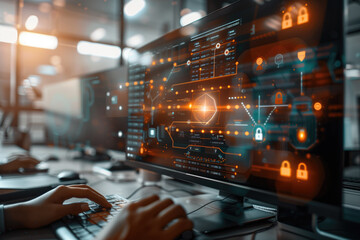 Person working on a computer with cybersecurity interface and data analysis visualization. Cybersecurity, data analysis, information security, IT management, digital protection.