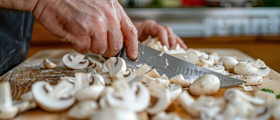Culinary Delight - Fresh Foraged Mushrooms Being Sliced and Prepared for Gourmet Dish