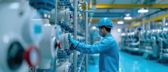 Water Plant Worker Adjusting Filtration System for Pure Water Production