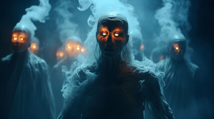 gost looking at the camera, terrifying night, fire, souls going up, fog, horror Halloween scene