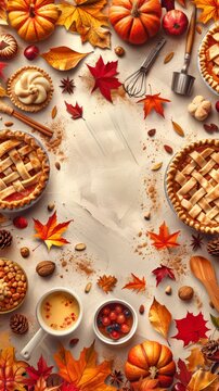 An autumn-themed harvest festival advertisement centered around a pie baking contest, with an editable layout featuring a clean design with a border of pies, fall foliage, and baking tools.